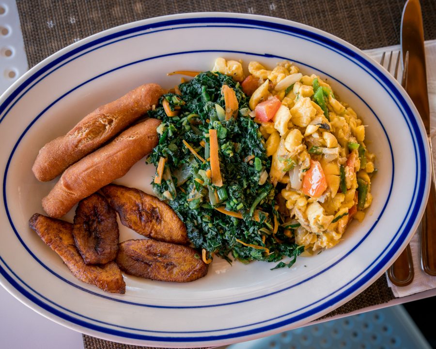 Ackee and saltfish and callaloo breakfast